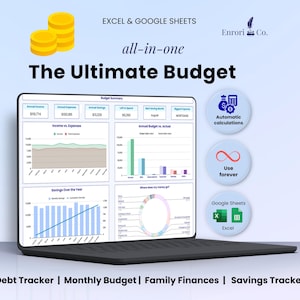 Annual Monthly Budget Planner, Debt & Savings Tracker, 50/30/20 Budget Financial Planner, Bill Tracker, Family Finances, Excel Google Sheets