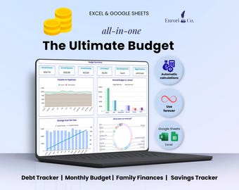 Annual Monthly Budget Planner, Debt & Savings Tracker, 50/30/20 Budget Financial Planner, Bill Tracker, Family Finances, Excel Google Sheets