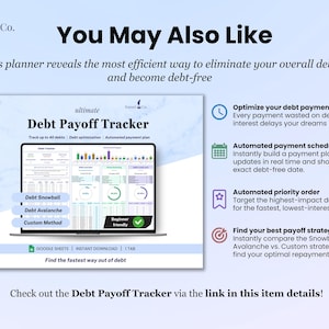 You may also like Debt Payoff Tracker template. Features:
1. Optimize your debt payments. Every payment wasted on debt interest delays your dreams
2. Automated payment schedule. Instantly build a payment plan that updates in real time and shows your exact debt-free date.
3. Automated priority order. Target the highest-impact debt first for the fastest, lowest-interest payoff.

Check out the Debt Payoff Tracker via the link in this item details!