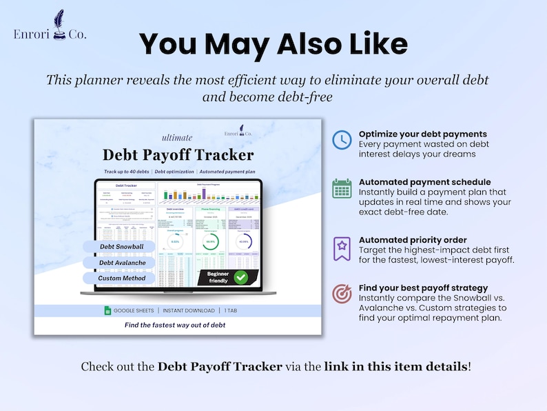 You may also like Debt Payoff Tracker template. Features:
1. Optimize your debt payments. Every payment wasted on debt interest delays your dreams
2. Automated payment schedule. Instantly build a payment plan that updates in real time and shows your exact debt-free date.
3. Automated priority order. Target the highest-impact debt first for the fastest, lowest-interest payoff.

Check out the Debt Payoff Tracker via the link in this item details!