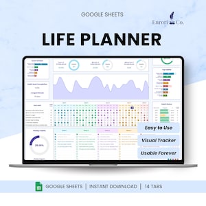 Könnte beinhalten: Ein Laptop mit einem "Life Planner"-Dashboard in Google Sheets. Der Bildschirm zeigt Diagramme, Grafiken und Datenvisualisierungen zur Verfolgung von Zielen und Gewohnheiten. Der Text auf dem Bildschirm lautet "Easy to Use", "Visual Tracker" und "Usable Forever."