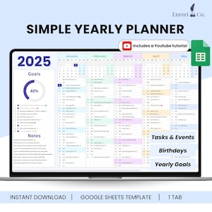 Eenvoudige jaarplanner, maandkalender, dagelijkse notities, taak- en doelentracker, takenlijst, productiviteitsplanner, Google Spreadsheets