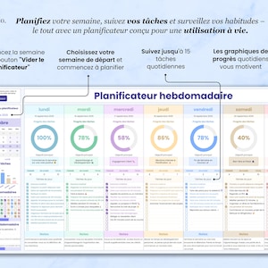 Planificateur pour organiser votre semaine, suivre les tâches et habitudes. Fonctionnalités: 
1. Recommencez la semaine avec le bouton "Vider". 
2. Choisissez votre semaine de départ. 
3. Suivez jusqu'à 15 tâches. 
4. Consultez les graphiques de progrès.