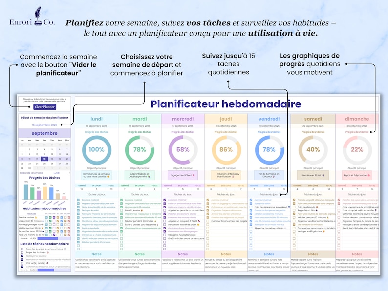 Planificateur pour organiser votre semaine, suivre les tâches et habitudes. Fonctionnalités: 
1. Recommencez la semaine avec le bouton "Vider". 
2. Choisissez votre semaine de départ. 
3. Suivez jusqu'à 15 tâches. 
4. Consultez les graphiques de progrès.
