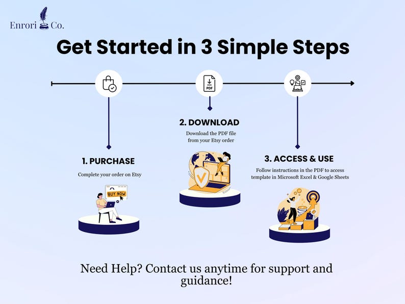 Get started in 3 simple steps:
1. Purchase on Etsy. 
2. Download the PDF file and Excel file from your Etsy order. 
3. Follow instructions in the PDF to access & use the Google Sheets template.