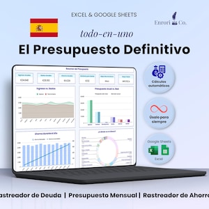 Op de afbeelding: Een laptopscherm toont financiële grafieken met de tekst "El Presupuesto Definitivo" en "Excel & Google Sheets." De Spaanse vlag is zichtbaar. Andere tekst is "Cálculos automáticos" en "Úsalo para siempre."