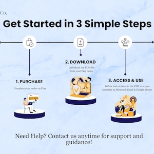 Get started in 3 simple steps:
First step is purchase on Etsy. Second step is to download the PDF file from your Etsy order. Third step is to follow instructions in the PDF to access & use the template.