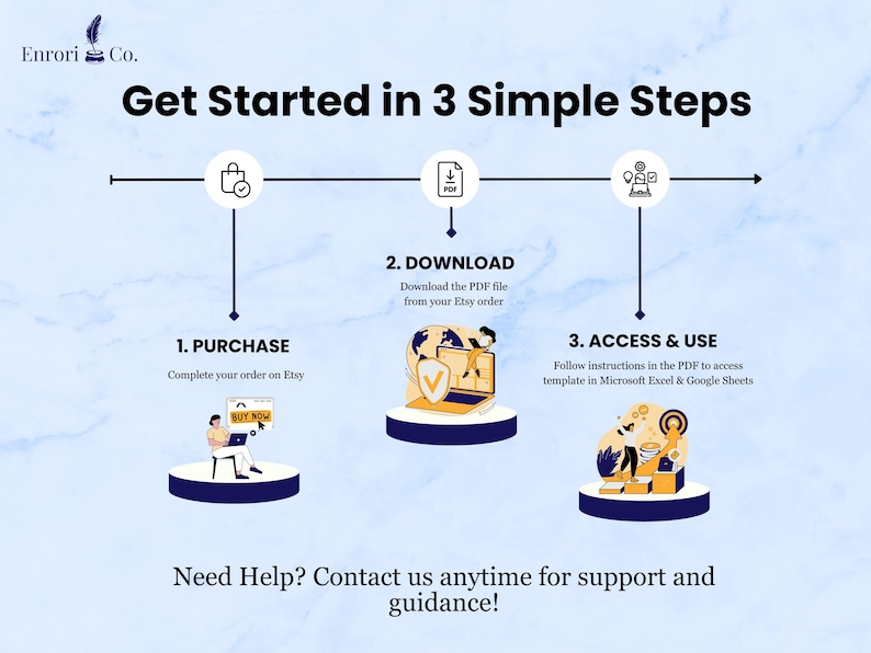 Get started in 3 simple steps:
First step is purchase on Etsy. Second step is to download the PDF file from your Etsy order. Third step is to follow instructions in the PDF to access & use the template.