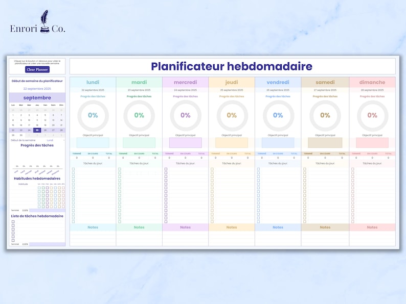 Planificateur hebdomadaire vierge montrant une semaine complète.