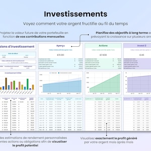 Investissements - voyez comment votre argent fructifie avec le temps. Projetez la valeur future de votre portefeuille en fonction de vos cotisations mensuelles. Définissez des estimations de rendement personnalisées pour différentes actions ou obligations afin de visualiser le profit potentiel. Visualisez exactement quel profit votre argent génère mois après mois. Planifiez vos objectifs à long terme en prévoyant la croissance sur plusieurs années.
