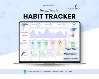Habit Tracker, Daily Monthly Annual Habit Planner, Goal Tracker, Habit Routine, Productivity, Self-Improvement, Google Sheets Excel Template