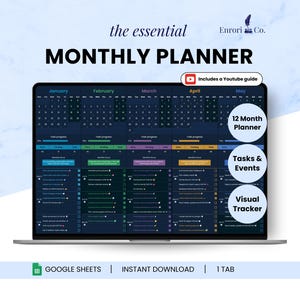 Op de afbeelding: Een digitale maandplanner weergegeven op een laptopscherm. De planner bevat secties voor taken, evenementen en een visuele tracker. De tekst op het scherm luidt "Monthly Planner" en "12 Month Planner". De afbeelding bevat ook de tekst "Includes a Youtube guide".