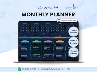 May include: A digital monthly planner displayed on a laptop screen. The planner includes sections for tasks, events, and a visual tracker. The text on the screen reads "Monthly Planner" and "12 Month Planner". The image also includes the text "Includes a Youtube guide".
