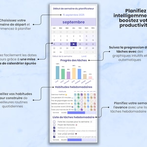 Planifiez intelligemment et boostez votre productivité ! Fonctionnalités :
1. Choisissez votre semaine de départ
2. Visualisez les dates et les jours avec le calendrier
3. Suivez la progression des tâches avec des graphiques intuitifs
4. Surveillez vos habitudes pour construire de meilleures routines
5. Planifiez votre semaine avec la liste de tâches hebdomadaire