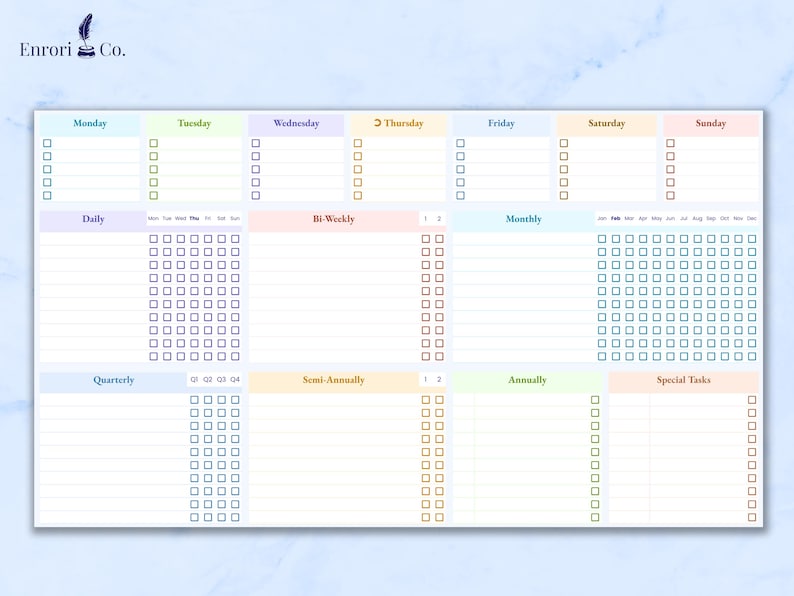 Empty tracker showing all planning timeframes - each week day, daily, bi-weekly, monthly, quarterly, semi-annually, annually & special tasks.