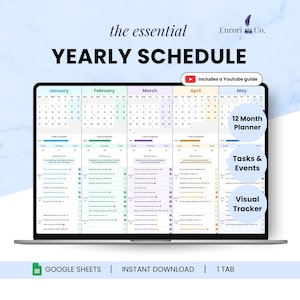 Op de afbeelding: Een laptopscherm toont een jaarschema met kalendermaanden van januari tot en met mei. Het scherm toont een 12-maandenplanner, taken, evenementen en een visuele tracker. De tekst "Yearly Schedule" is prominent aanwezig. Inclusief YouTube-gids.