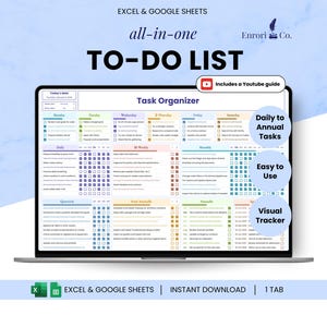 Takenlijst, takentracker, dagelijkse weekplanner, dagelijks schema, maandelijkse jaarlijkse takenlijst, gewoontetracker, agenda Google Spreadsheets Excel-sjabloon