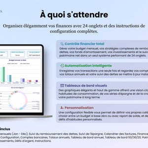 À quoi s'attendre Organisez magnifiquement vos finances avec 24 onglets et des instructions de configuration complètes Contrôle financier total Automatisation intelligente Gérez votre budget mensuel, vos stratégies complexes de remboursement de dettes, vos fonds d'amortissement, vos investissements et le suivi de votre patrimoine net dans un seul système puissant de 24 onglets.