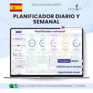 May include: A laptop screen shows a weekly planner template with charts and graphs. The text "PLANIFICADOR DIARIO Y SEMANAL" is at the top, with the Spanish flag. The screen displays data for each day of the week, with the words "Clear Planner" and "Botón".