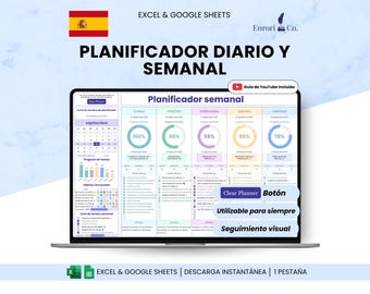 Planificador Semanal, Horario Diario, Seguimiento de Tareas, Lista de Tareas, Checklist Diario, Rastreador de hábitos, Google Sheets Excel