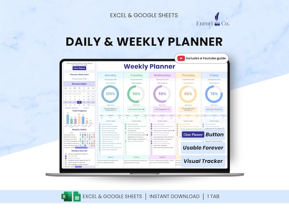 Weekly Planner, Daily Schedule Planner, Task Tracker, To Do List, Daily Checklist, Habit Planner, Productivity Planner, Agenda Google Sheets