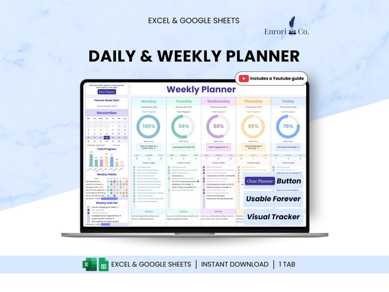 Daily Weekly Planner thumbnail. Excel and Google Sheets template.