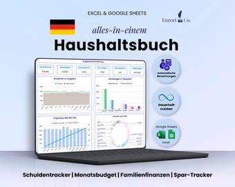 Haushaltsbuch, Jahres Monats Budgetplaner, 50/30/20 Regel, Schulden- & Spar-Tracker, Finanzplaner, Einnahmen Ausgaben, Excel Google Sheets