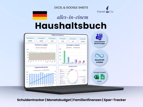 Haushaltsbuch, Jahres Monats Budgetplaner, 50/30/20 Regel, Schulden- & Spar-Tracker, Finanzplaner, Einnahmen Ausgaben, Excel Google Sheets