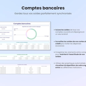 Comptes bancaires — maintenez tous vos soldes parfaitement synchronisés.

Suivez les soldes de tous vos comptes chèques et d'épargne en un seul endroit.

Surveillez les soldes de vos cartes de crédit pour éviter les dépenses excessives.

Enregistrez les transferts entre comptes pour maintenir l'exactitude de vos soldes.

Utilisez des graphiques automatisés pour visualiser la répartition de votre argent entre les différentes institutions.