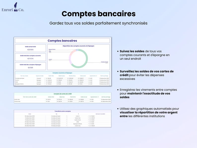 Comptes bancaires — maintenez tous vos soldes parfaitement synchronisés.

Suivez les soldes de tous vos comptes chèques et d'épargne en un seul endroit.

Surveillez les soldes de vos cartes de crédit pour éviter les dépenses excessives.

Enregistrez les transferts entre comptes pour maintenir l'exactitude de vos soldes.

Utilisez des graphiques automatisés pour visualiser la répartition de votre argent entre les différentes institutions.