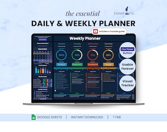 Planificador semanal, planificador diario, rastreador de tareas, lista de tareas, lista de verificación diaria, planificador de hábitos, planificador de productividad, agenda de Google Sheets