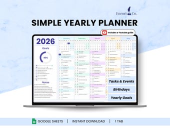 Planificador anual sencillo, calendario mensual, notas de eventos diarios, rutina, seguimiento de tareas y objetivos, lista de tareas pendientes, planificador de productividad, hojas de cálculo de Google