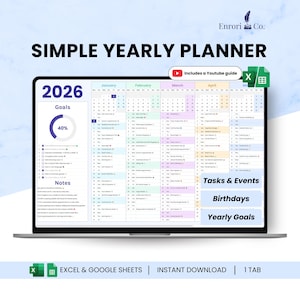 Einfacher Jahresplaner, Monatskalender, tägliche Ereignisse Notizen Routine, Aufgaben- & Ziel-Tracker, Aufgabenliste, Produktionsplaner, Google Sheets