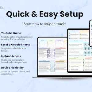 Easy to use:
1. Includes Youtube guide that provides instructions.
2. User-Friendly spreadsheet available in Microsoft Excel and Google Sheets formats.
3. Instant Access after buying.
4. Device Flexibility: access on laptops, tablets and smartphone.