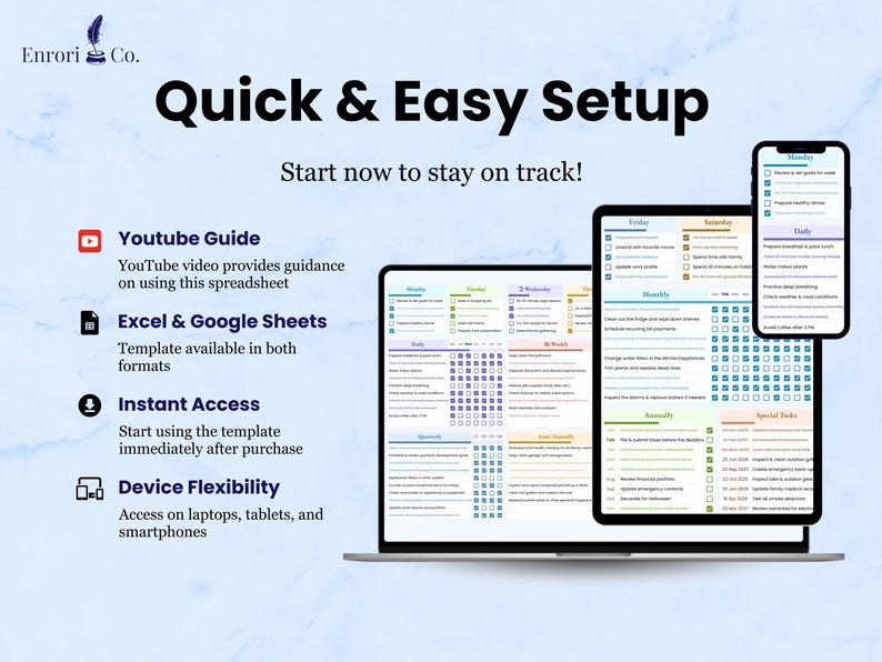 Easy to use:
1. Includes Youtube guide that provides instructions.
2. User-Friendly spreadsheet available in Microsoft Excel and Google Sheets formats.
3. Instant Access after buying.
4. Device Flexibility: access on laptops, tablets and smartphone.