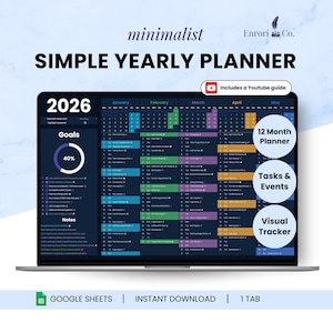 May include: A laptop screen displays a minimalist yearly planner for 2026. The planner includes sections for goals, tasks, and events, with a visual tracker. The design is dark blue with colorful accents, and the text "SIMPLE YEARLY PLANNER" is prominently displayed.