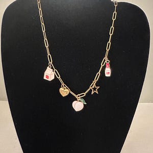 Peach Pop - Handmade Gold Charm Necklace with Pink Charms - Peach, Loveheart, Star, Lipstick, Strawberry Milk Carton
