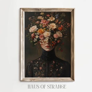 Flower Head Woman Print Surrealism Floral Printable Artwork Victorian Oil Painting Gothic Floral Wall Art Unusual Hoe Decor Unique Poster