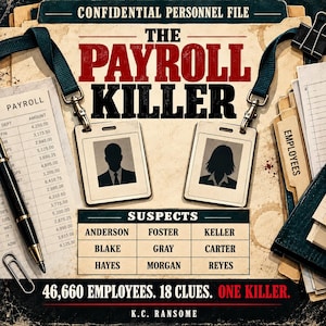 Pode incluir: Um jogo de mistério intitulado The Payroll Killer com uma pasta, dois crachás com silhuetas, um documento de folha de pagamento, uma caneta preta e um clipe. O texto diz Confidential Personnel File, Suspects, 46,660 Employees. 18 Clues. One Killer.