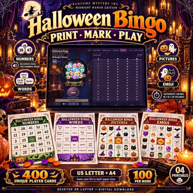 Halloween Bingo Game | Midnight Manor Edition, 400 Cards, Digital ...