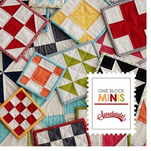 May include: A collection of colourful fabric squares with different patterns, including red, white, blue, green, and orange. The squares are arranged in a random pattern and have a white background. The text "ONE BLOCK MINIS Sweetwater" is printed on a white stamp.