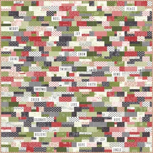 Peut inclure: Une courtepointe de Noël avec un motif de patchwork présentant divers mots de fête comme "Noël", "Joie", "Paix", "Maison", "Foi", "Amour", "Espoir", "Jingle", "Croire", "Brillance", "Clin d'œil", "Neige", "Acclamation", "Célébrer" et "Noël". La courtepointe est composée de carrés rouges, verts, noirs et blancs avec différents motifs.