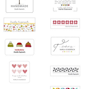 May include: A collection of handmade labels and tags with various designs. The labels feature text such as "HANDMADE," "THANKFUL," and "hugs and stitches." The designs include a tree, hearts, hats, and geometric patterns. The artist's name, Karla Eisenach, is also displayed.