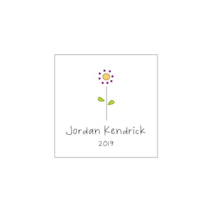 May include: A simple white card with a purple and yellow flower illustration and the text "Jordan Kendrick 2019".