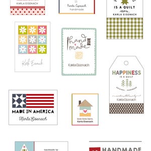 May include: Collection of handmade product tags with various designs. Includes tags with text like "handmade with love," "Made in America," and "Happiness is a Quilt." Features hearts, birds, and floral patterns.