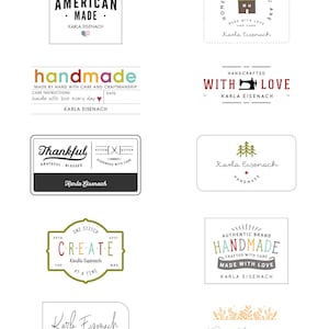 May include: A collection of ten different logo designs for Karla Eisenach, featuring various themes such as handmade, home, love, and create. The logos are in a variety of colors and styles, with some featuring illustrations of houses, sewing machines, and trees.