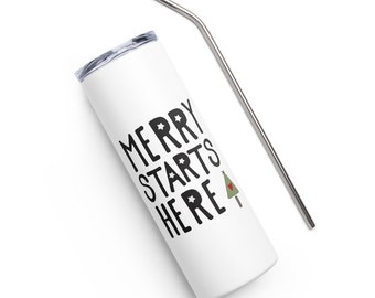 Merry Starts Here steel tumbler