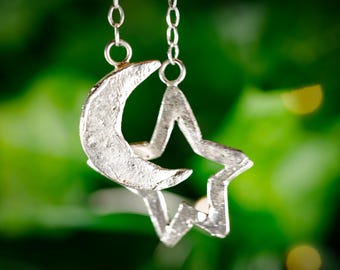 Moon and Star Sterling Silver Lariat Necklace