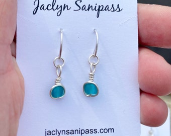 Teal Green Earrings, Cultured Seaglass Jewelry, Handmade in Maine, Argentium Silver, Dangle Drop Earrings