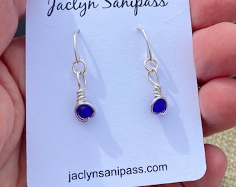 Cobalt Sea Glass Earrings, Blue Sea Glass Dangles, Cultured Sea Glass Jewelry, Argentium Silver dangle earrings